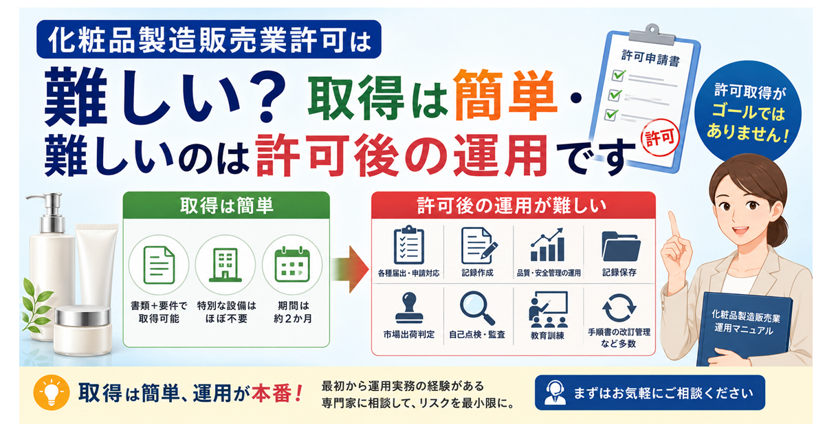 化粧品製造販売業許可は難しい?取得は簡単・難しいのは許可後の運用です